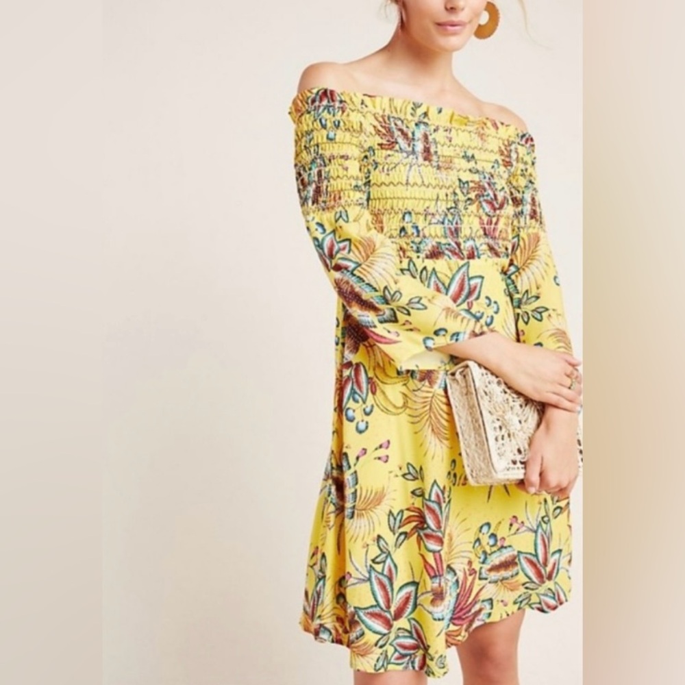 Farm Rio x Anthropologie Bria Smoked Yellow Floral Dress size XL